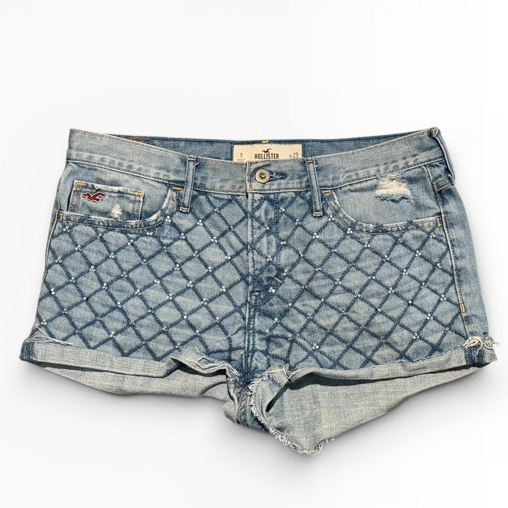 Hollister Light Wash Quilted Rhinestone 1" Denim Mini Shorts Cuffed Size 9/29
